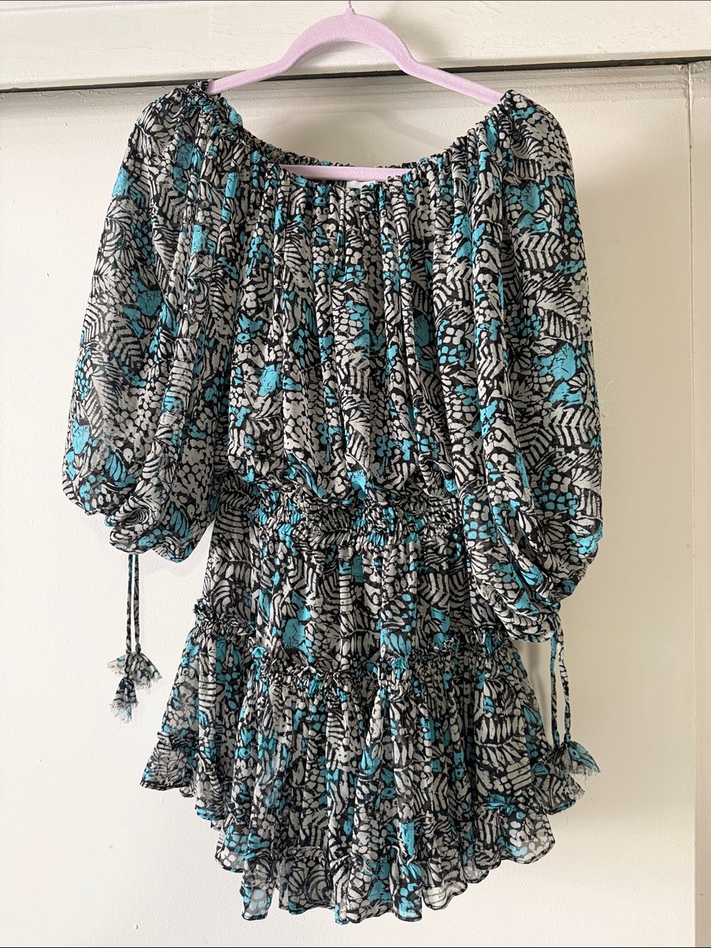 Misa Los Angeles Teal and Black Off-Shoulder Smocked Tunic